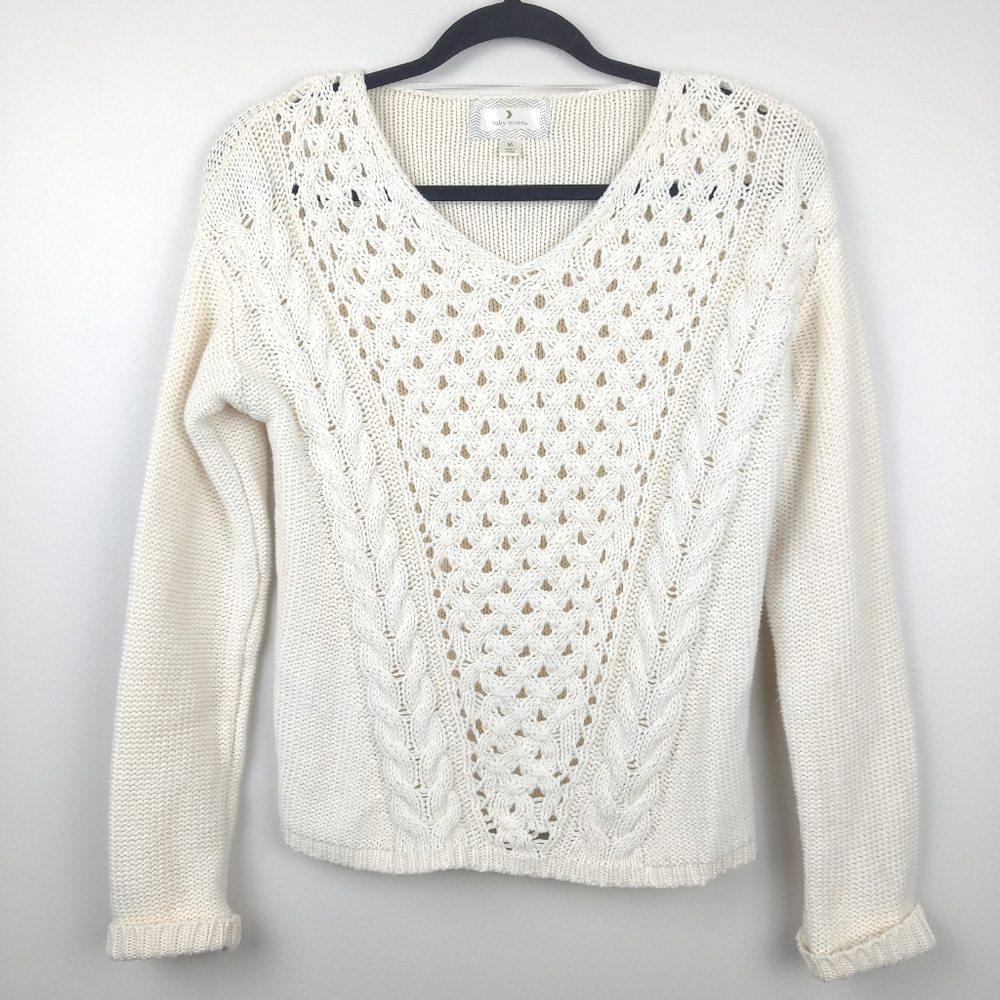 RUBY MOON Off White V-front Open Weave Sweater